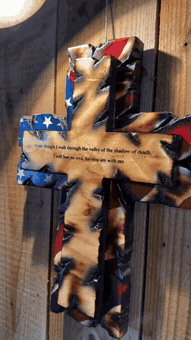 Handmade Tattered Flag Cross engraved with Psalm 23