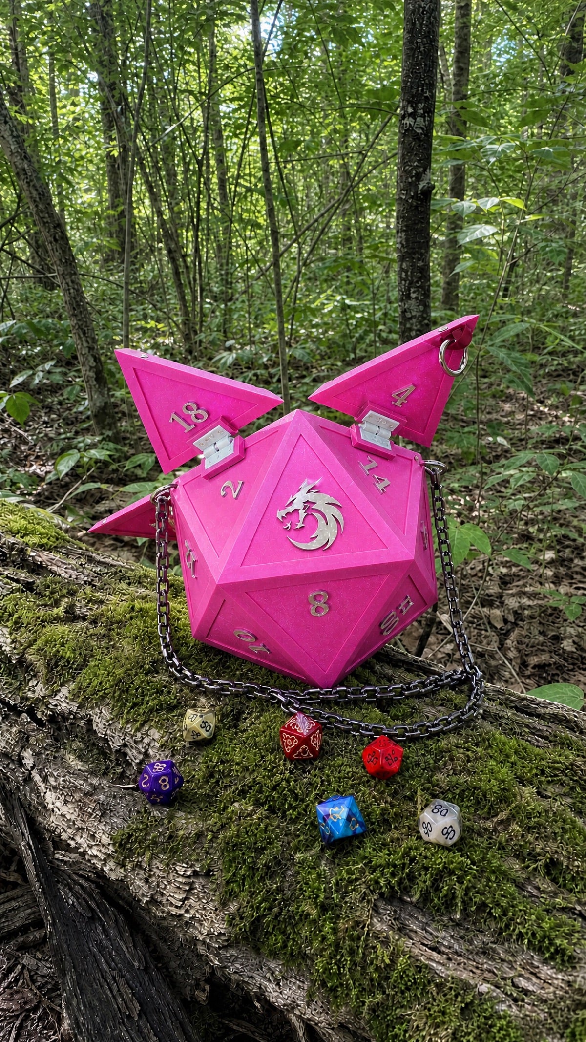 Hot Pink glitter D20 Dice Bag with silver dragon emblem