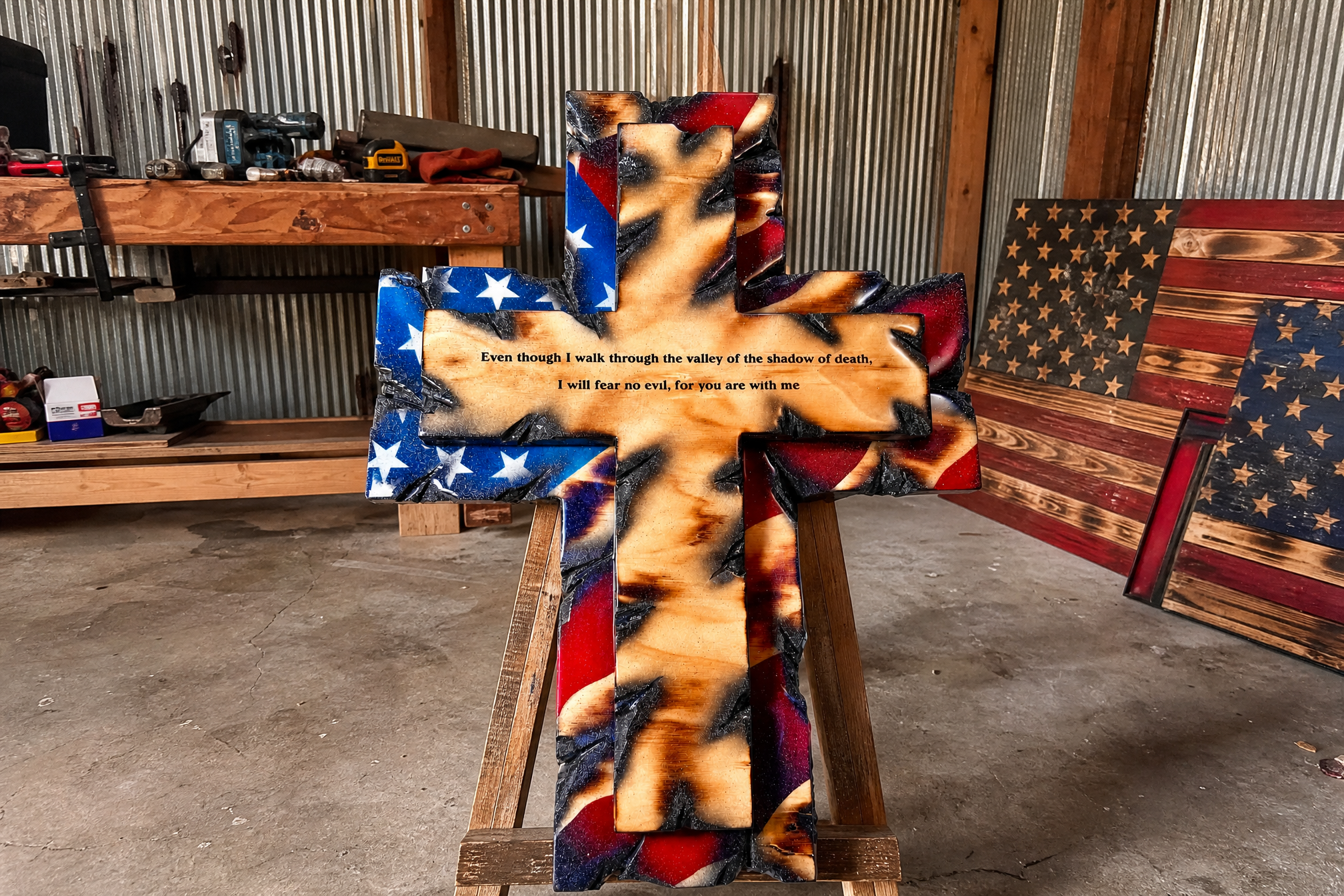 Tattered Flag Cross on an easel in the workshop