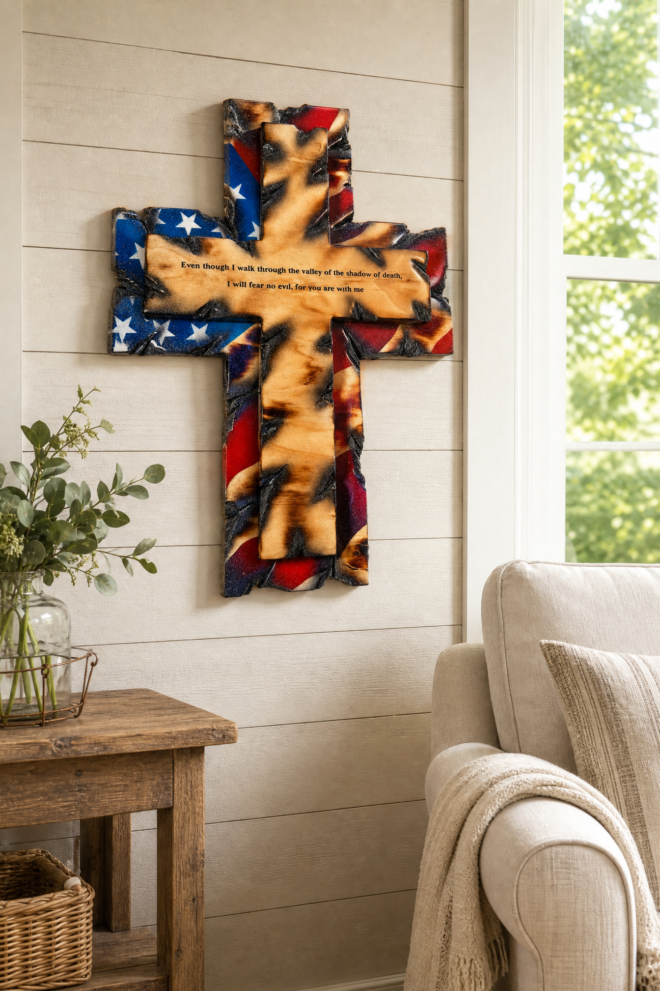 Tattered Flag Cross on a shiplap wall