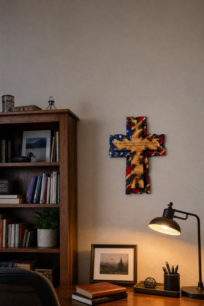 Tattered Flag Cross in a home study