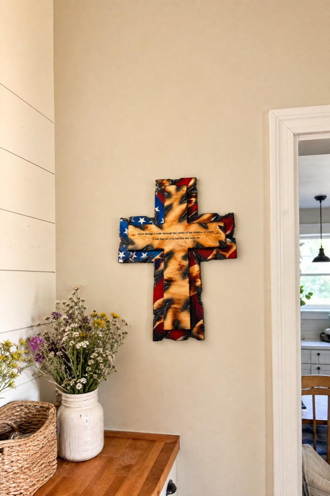 Tattered Flag Cross in a farmhouse kitchen